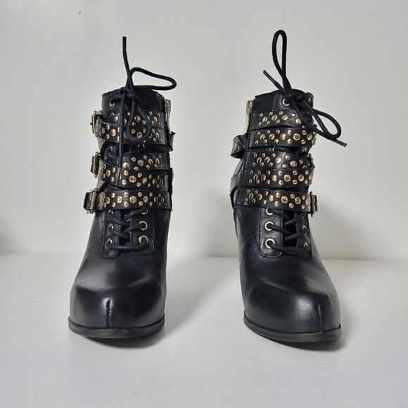 BCBGeneration Larissa Studded Strappy Wedge Lace Up Ankle Boots, Black size 7 - Picture 5 of 13